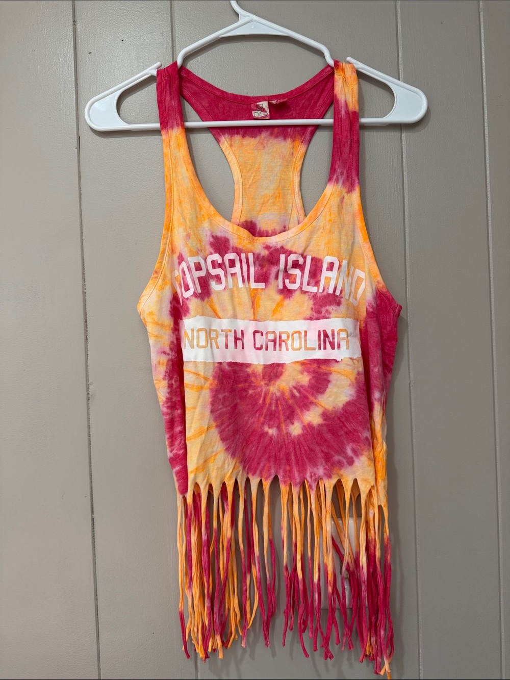 Beach By Exist Topsail Island North Carolina Tie-Dye Fringe Crop Top